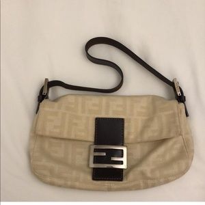 Fendi FF Logo Beige Fabric Canvas Classic Baguette